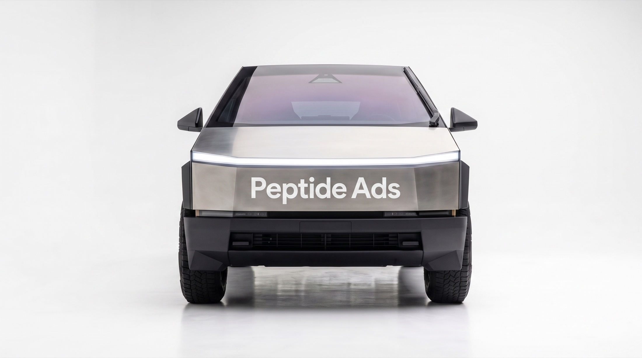 Peptide Ads decal on the Cybertruck nose panel, front view